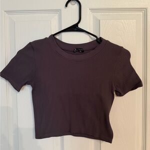 Zara Purple Ripped Cropped Tshirt with Quarter Short Sleeves Snug Fit Size L